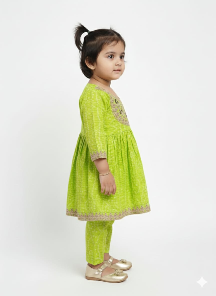 The "Lime Zest" Bandhani Print Peplum Set – Neon Green with Zari Embroidered Yoke