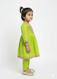 The "Lime Zest" Bandhani Print Peplum Set – Neon Green with Zari Embroidered Yoke