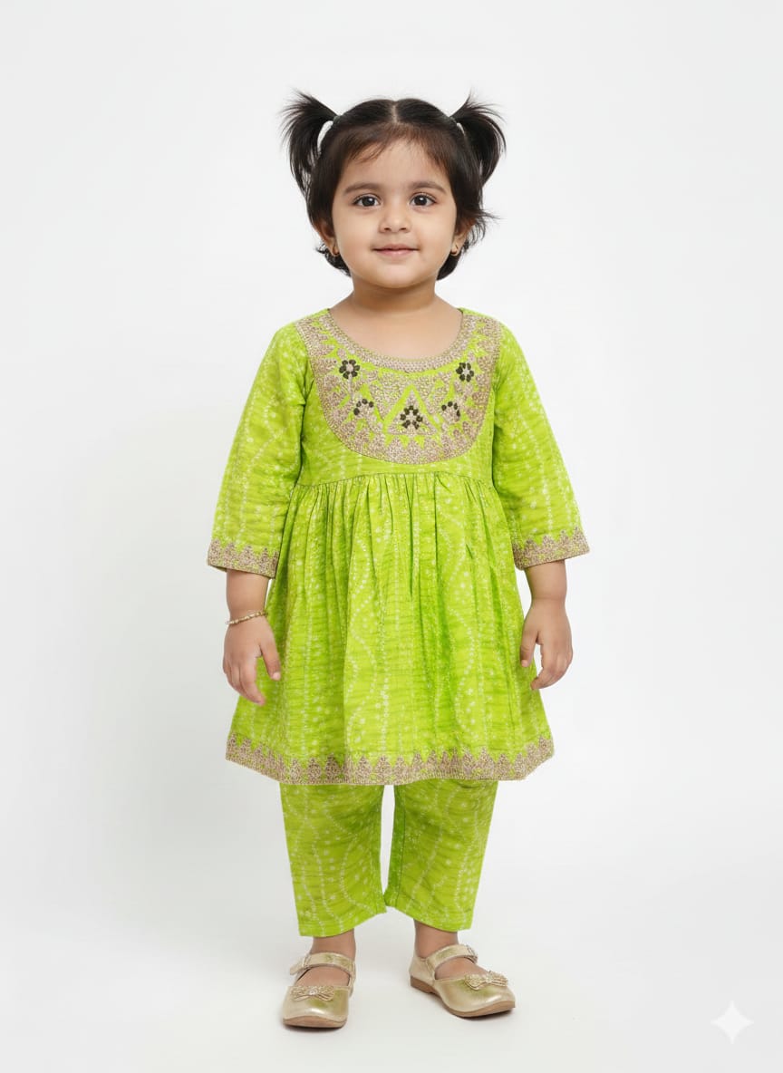 The "Lime Zest" Bandhani Print Peplum Set – Neon Green with Zari Embroidered Yoke