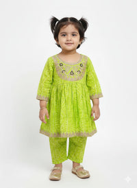 The "Lime Zest" Bandhani Print Peplum Set – Neon Green with Zari Embroidered Yoke