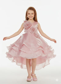 Rosette-Accented High-Low Gala Dress – Pearlescent Rose Organza