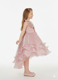 Rosette-Accented High-Low Gala Dress – Pearlescent Rose Organza