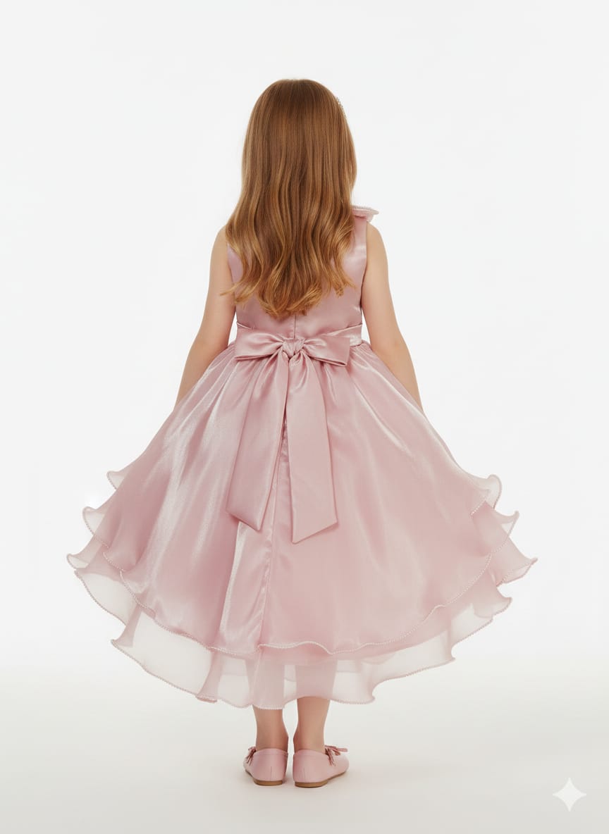 Rosette-Accented High-Low Gala Dress – Pearlescent Rose Organza