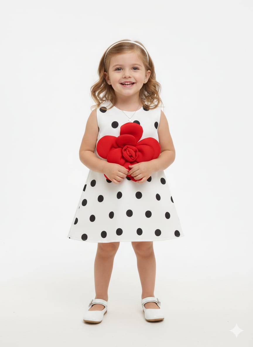 Classic Polka-Dot A-Line Toddler Frock with Statement 3D Red Flower Accent