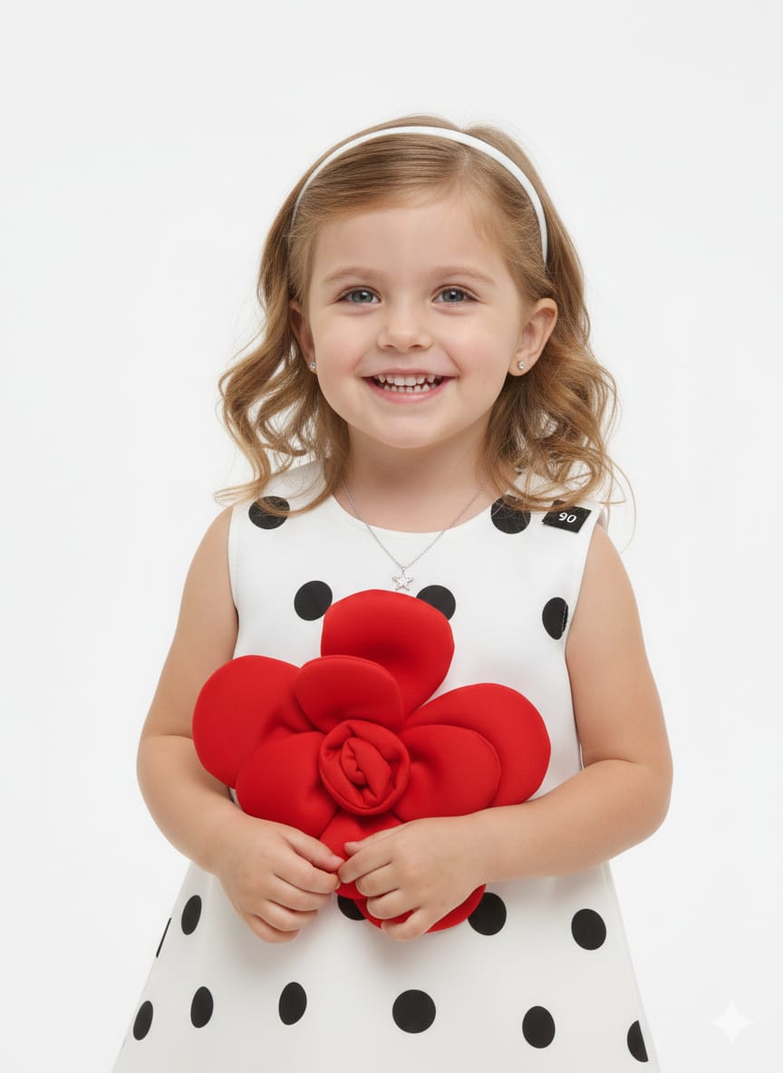 Classic Polka-Dot A-Line Toddler Frock with Statement 3D Red Flower Accent