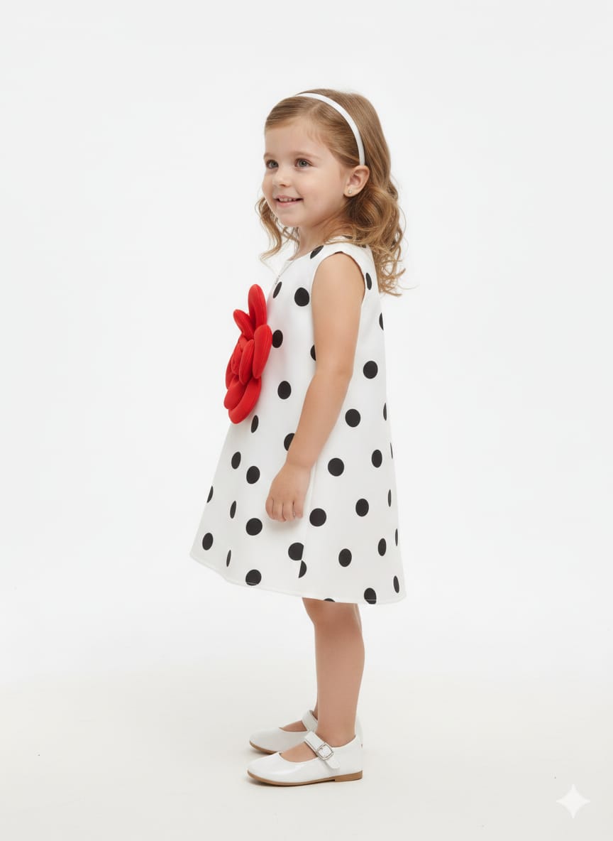 Classic Polka-Dot A-Line Toddler Frock with Statement 3D Red Flower Accent