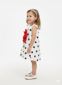 Classic Polka-Dot A-Line Toddler Frock with Statement 3D Red Flower Accent