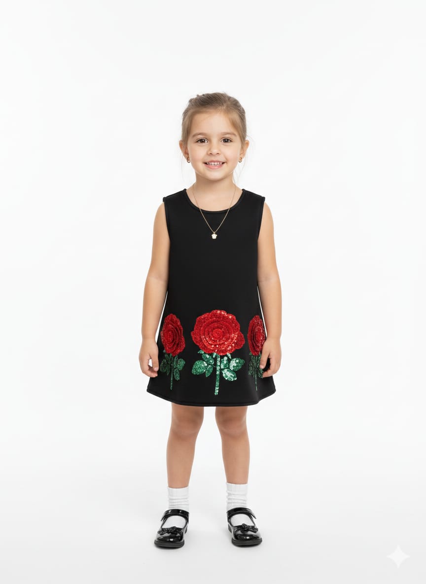 Chic Sleeveless A-Line Frock with Sequin Rose Appliqués