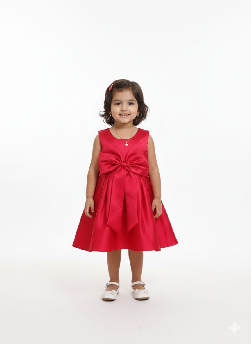 Classic Crimson Satin A-Line Party Frock with Statement Front Bow
