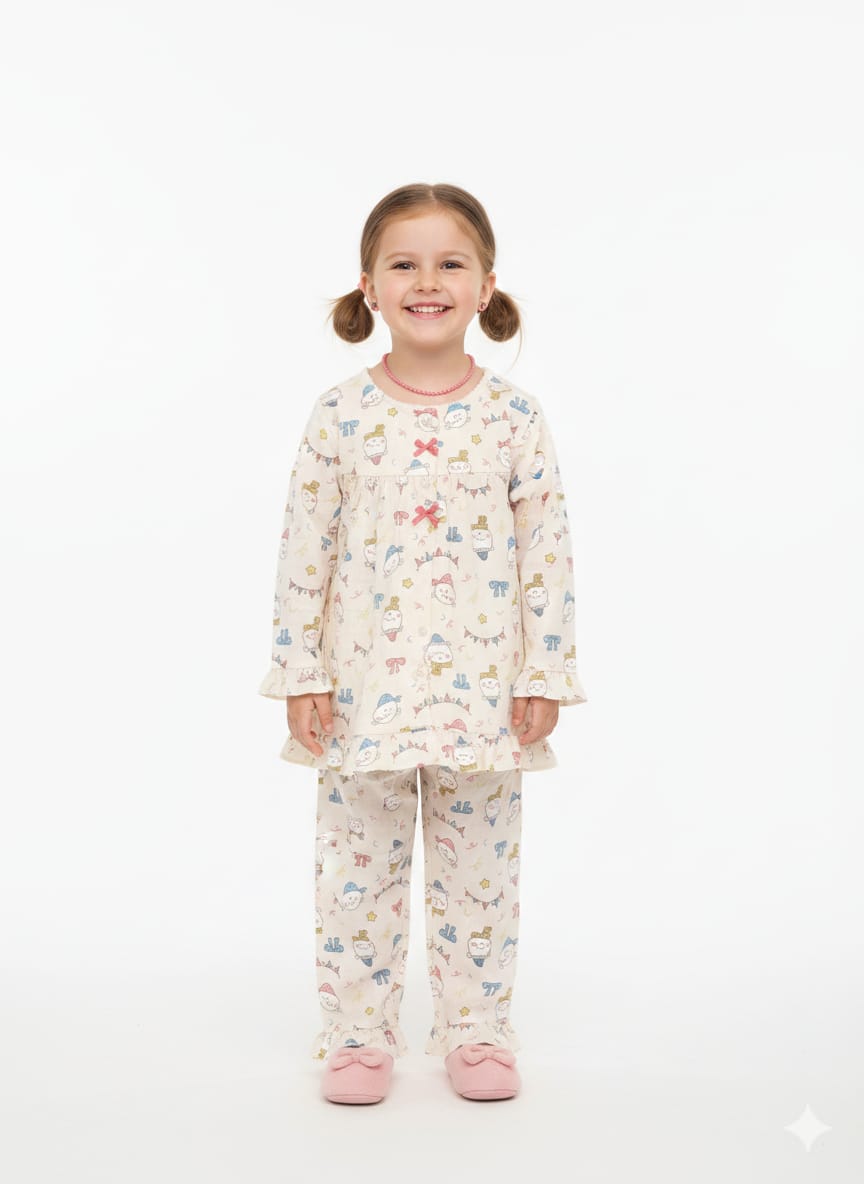 Whimsical Celebration Print Cotton Pajama Set with Ruffle Accents