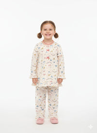 Whimsical Celebration Print Cotton Pajama Set with Ruffle Accents