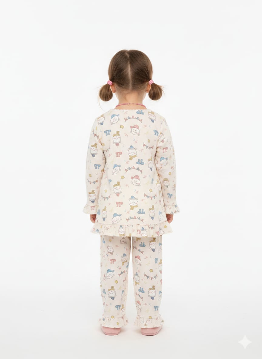Whimsical Celebration Print Cotton Pajama Set with Ruffle Accents
