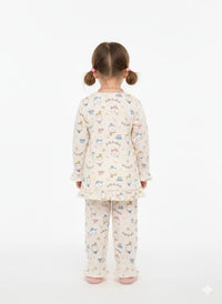Whimsical Celebration Print Cotton Pajama Set with Ruffle Accents