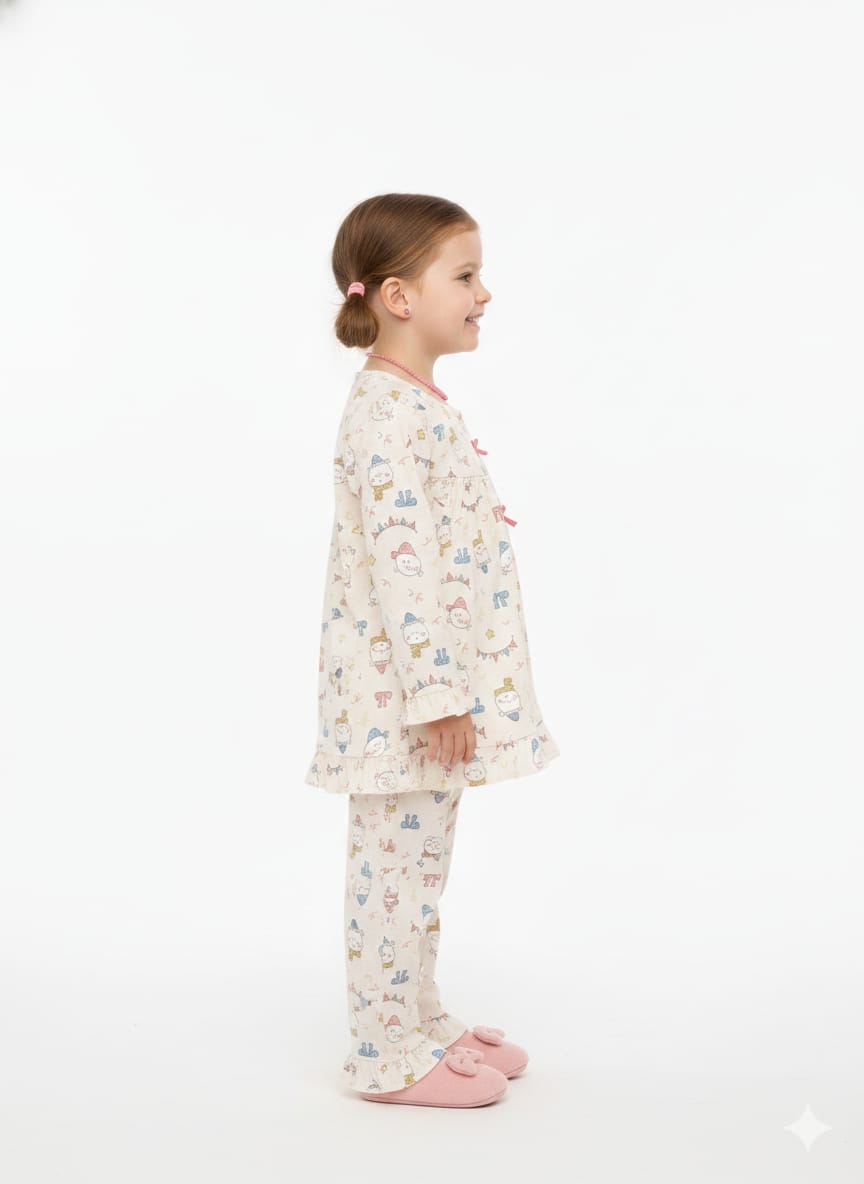 Whimsical Celebration Print Cotton Pajama Set with Ruffle Accents