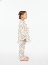 Whimsical Celebration Print Cotton Pajama Set with Ruffle Accents