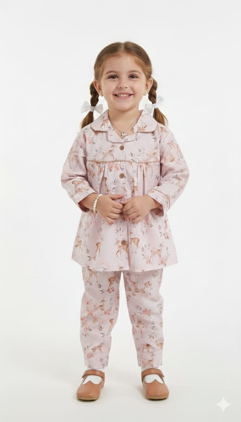 Whimsical Woodland Deer Print Toddler Pajama Set with Contrast Piping