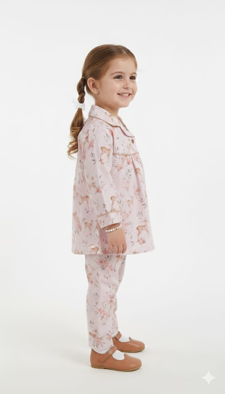 Whimsical Woodland Deer Print Toddler Pajama Set with Contrast Piping