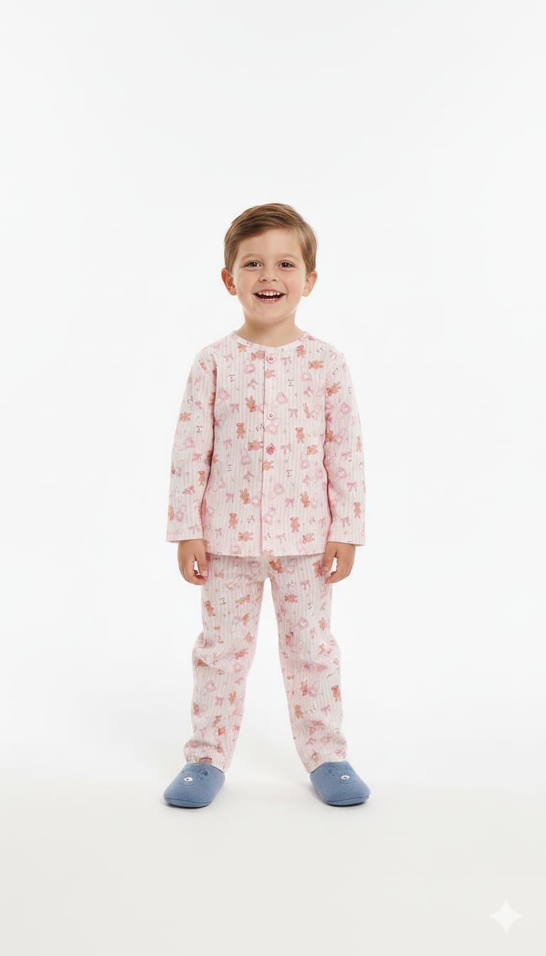 Boys' Pink Striped Teddy Bear & Bow Print Cotton Pajama Set