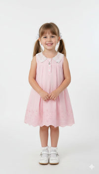 Vintage-Inspired Pastel Pink Eyelet Cotton Dress with Peter Pan Collar