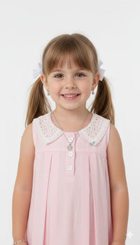 Vintage-Inspired Pastel Pink Eyelet Cotton Dress with Peter Pan Collar