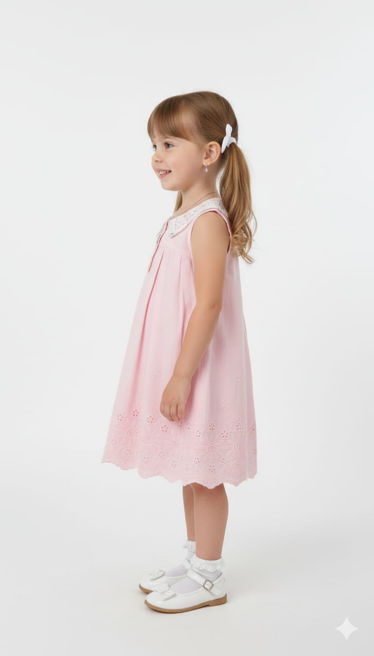 Vintage-Inspired Pastel Pink Eyelet Cotton Dress with Peter Pan Collar