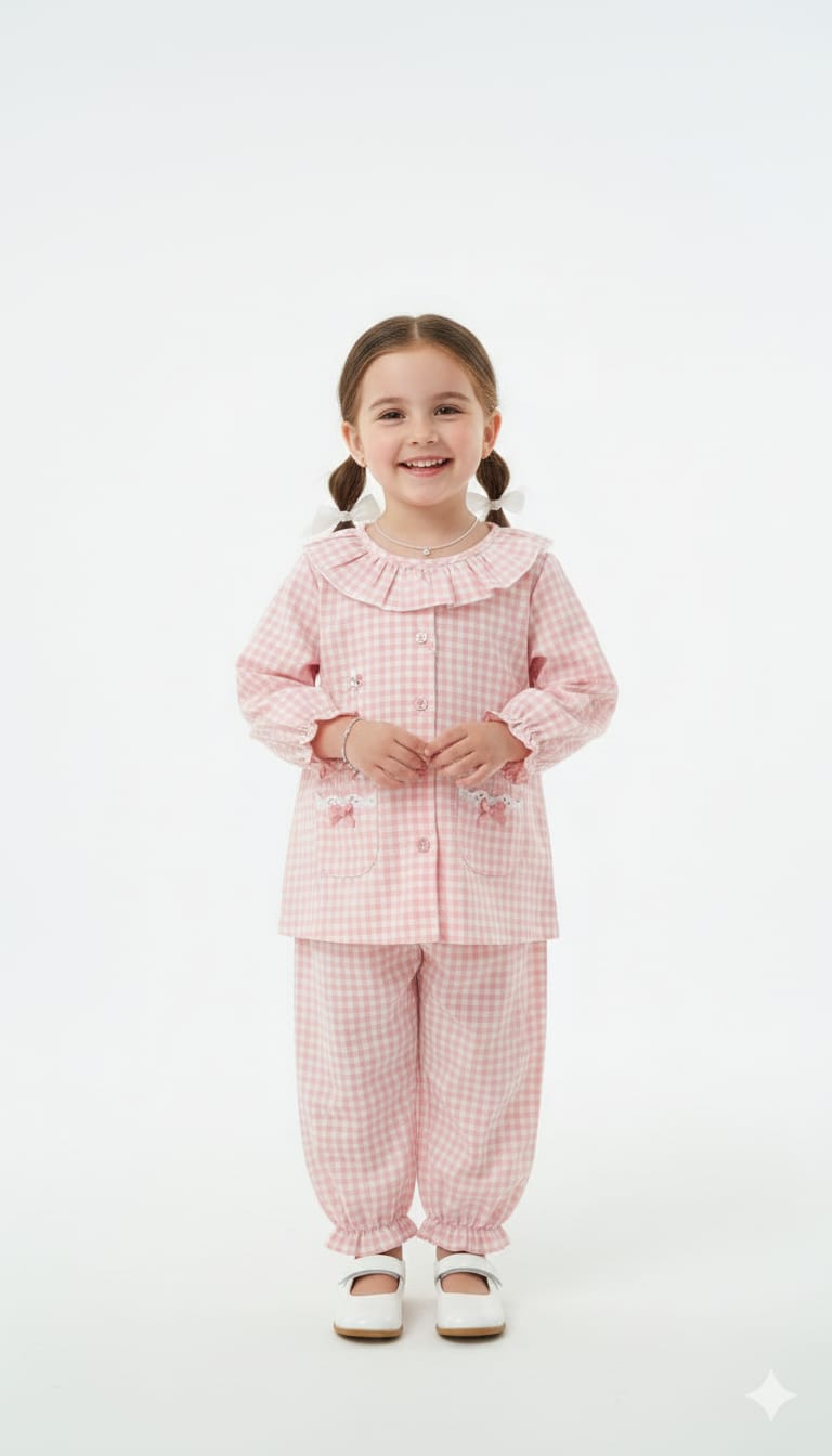 Sweet Pink Gingham Two-Piece Loungewear Set with Ruffled Collar