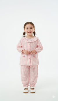 Sweet Pink Gingham Two-Piece Loungewear Set with Ruffled Collar