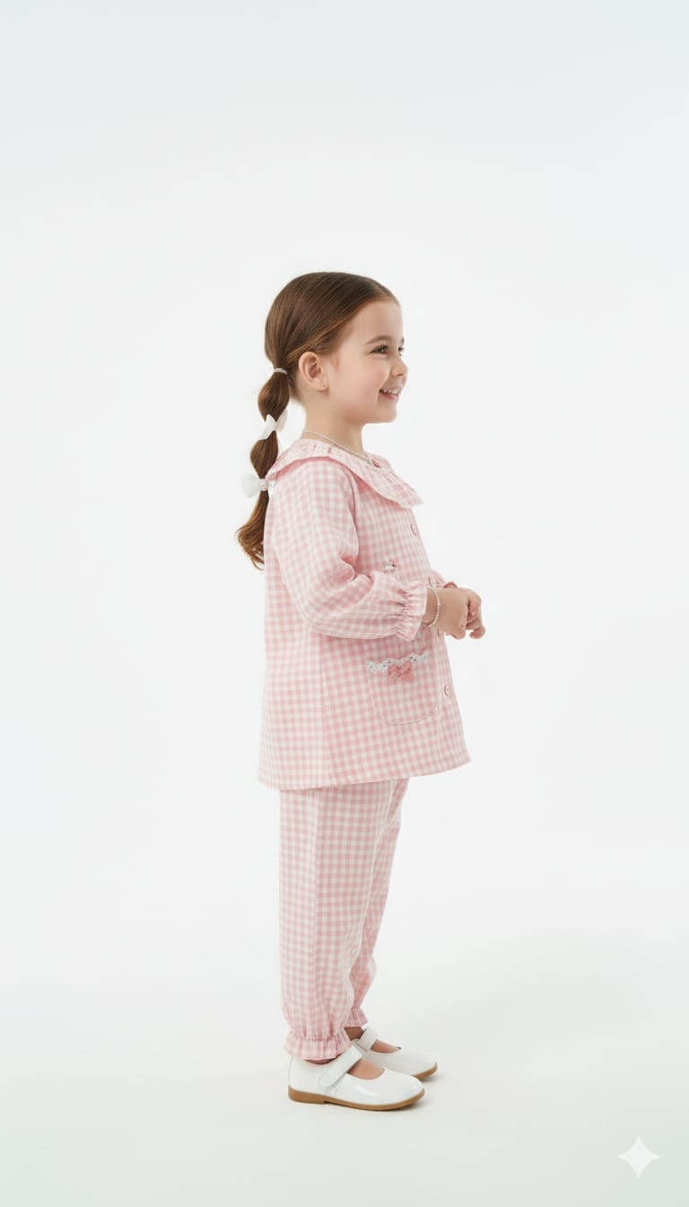 Sweet Pink Gingham Two-Piece Loungewear Set with Ruffled Collar