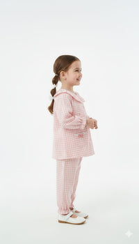 Sweet Pink Gingham Two-Piece Loungewear Set with Ruffled Collar