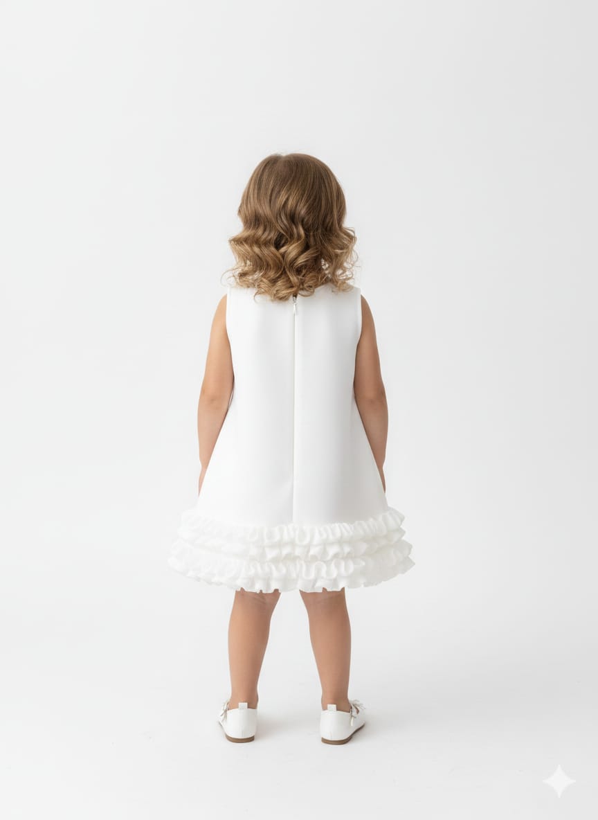 Elegant White Sleeveless Occasion Dress with Statement Bow and Ruffled Hem
