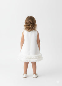 Elegant White Sleeveless Occasion Dress with Statement Bow and Ruffled Hem