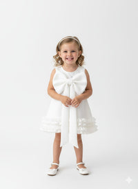 Elegant White Sleeveless Occasion Dress with Statement Bow and Ruffled Hem