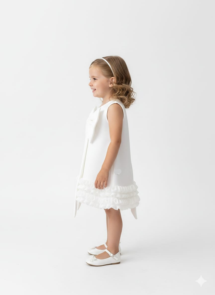 Elegant White Sleeveless Occasion Dress with Statement Bow and Ruffled Hem