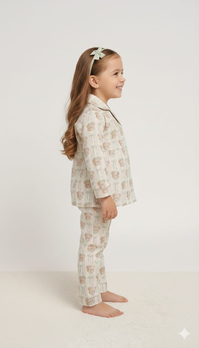 Vintage-Inspired Teddy Bear Print Button-Down Sleep Set for Children