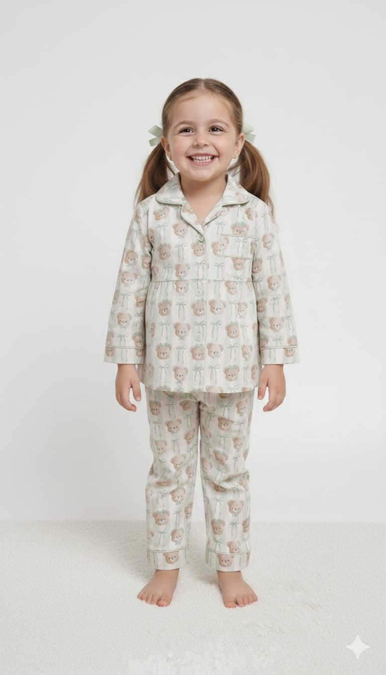 Vintage-Inspired Teddy Bear Print Button-Down Sleep Set for Children
