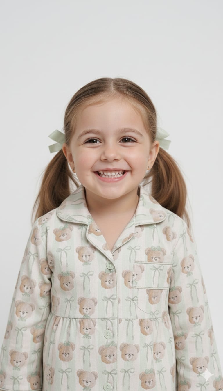 Vintage-Inspired Teddy Bear Print Button-Down Sleep Set for Children
