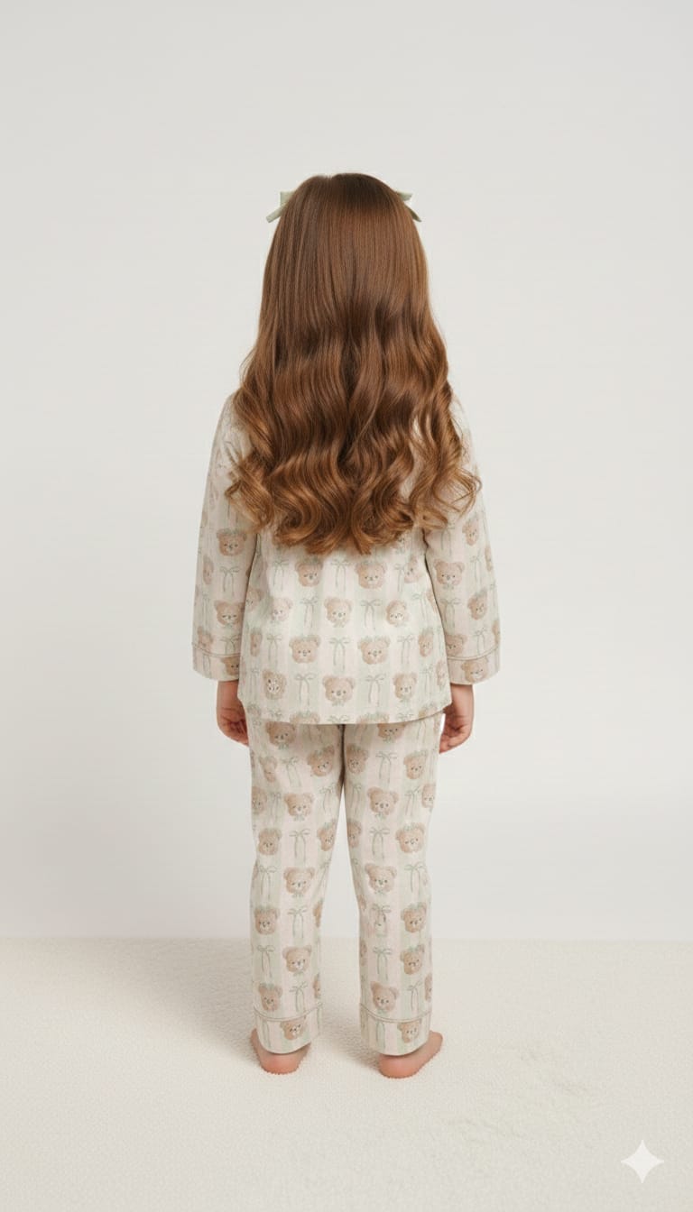 Vintage-Inspired Teddy Bear Print Button-Down Sleep Set for Children
