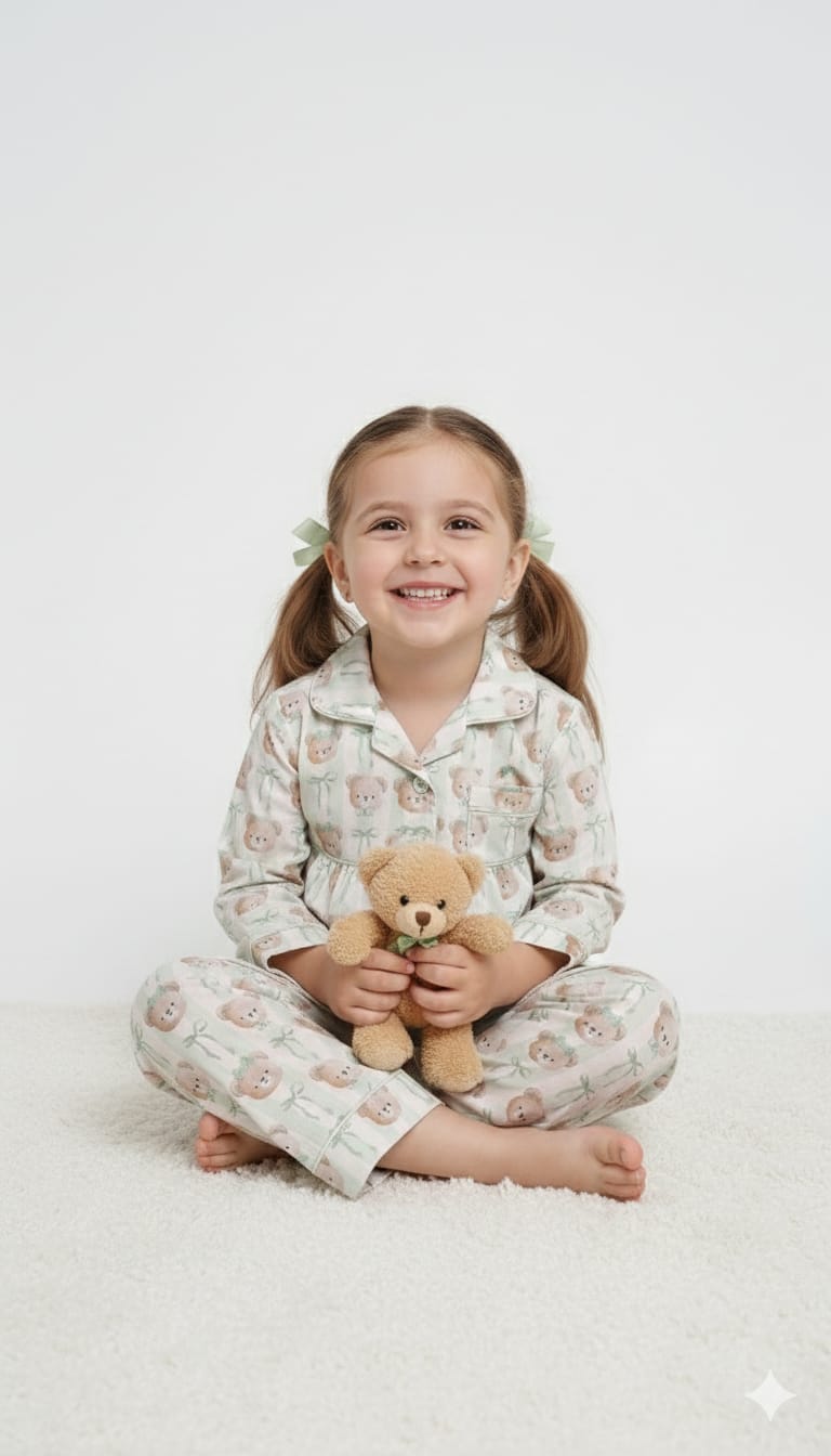 Vintage-Inspired Teddy Bear Print Button-Down Sleep Set for Children
