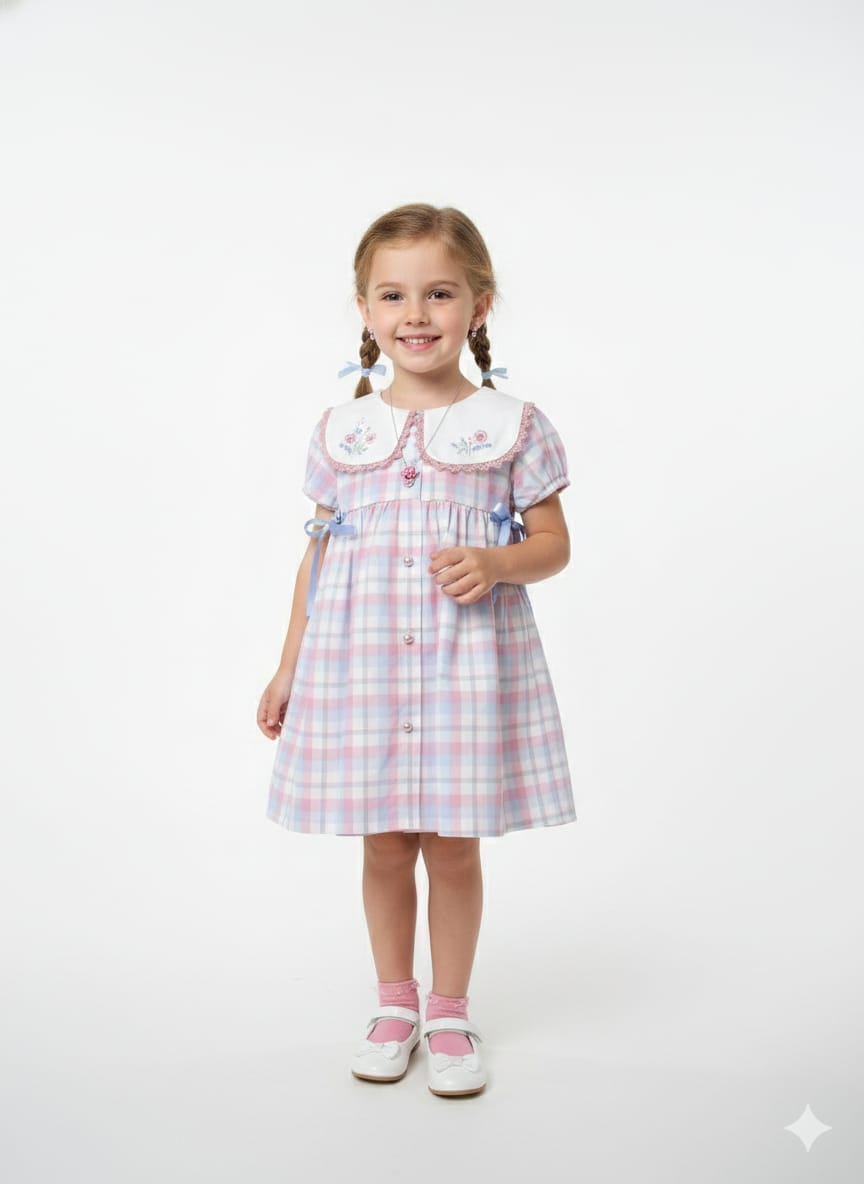 Vintage-Style Embroidered Plaid Dress with Peter Pan Collar