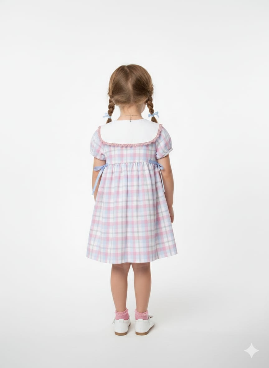 Vintage-Style Embroidered Plaid Dress with Peter Pan Collar