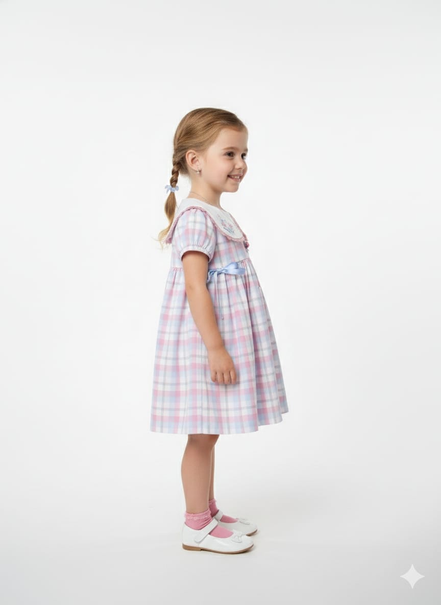 Vintage-Style Embroidered Plaid Dress with Peter Pan Collar