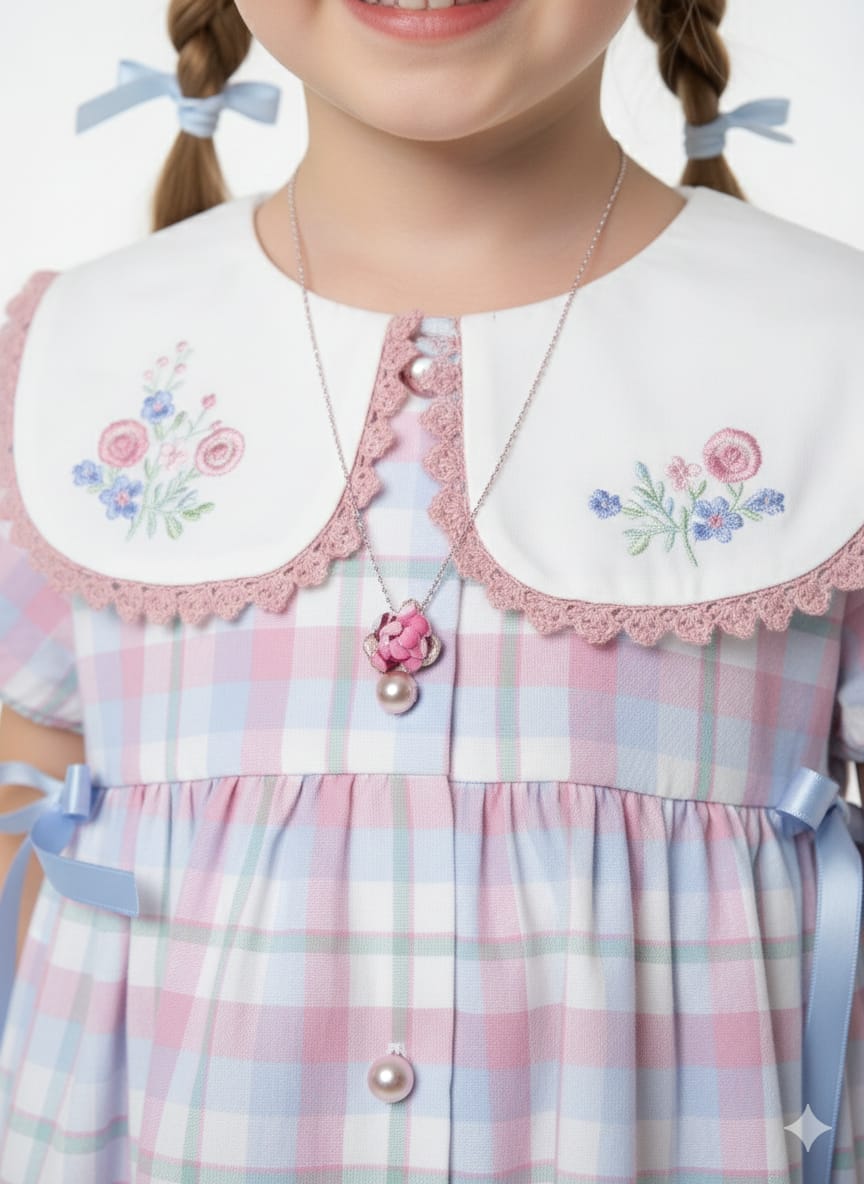 Vintage-Style Embroidered Plaid Dress with Peter Pan Collar