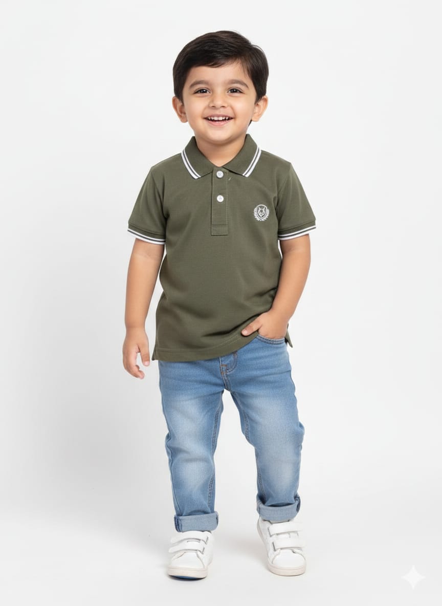 Boys' Olive Green Casual Polo Shirt with Striped Trim