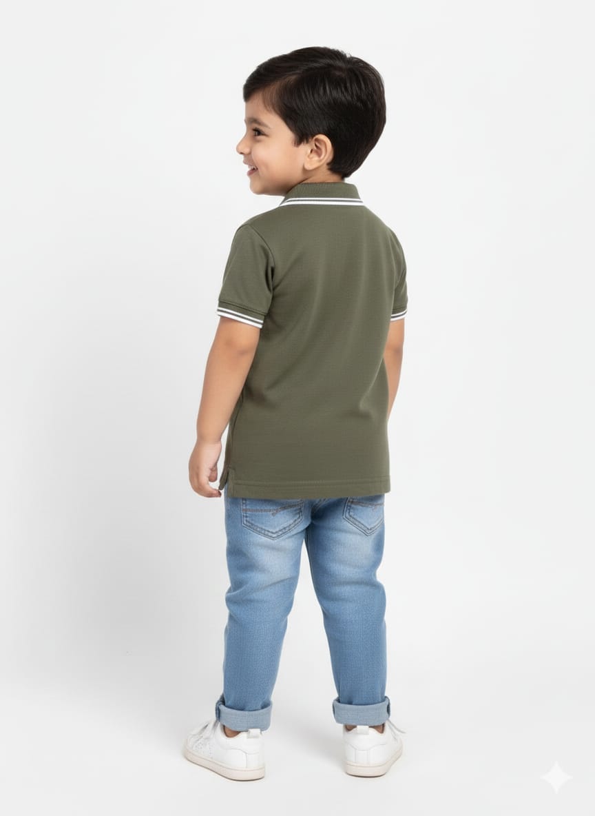 Boys' Olive Green Casual Polo Shirt with Striped Trim