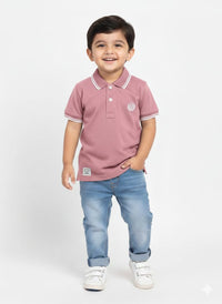 Boys' Dusty Rose Casual Polo Shirt with Striped Collar