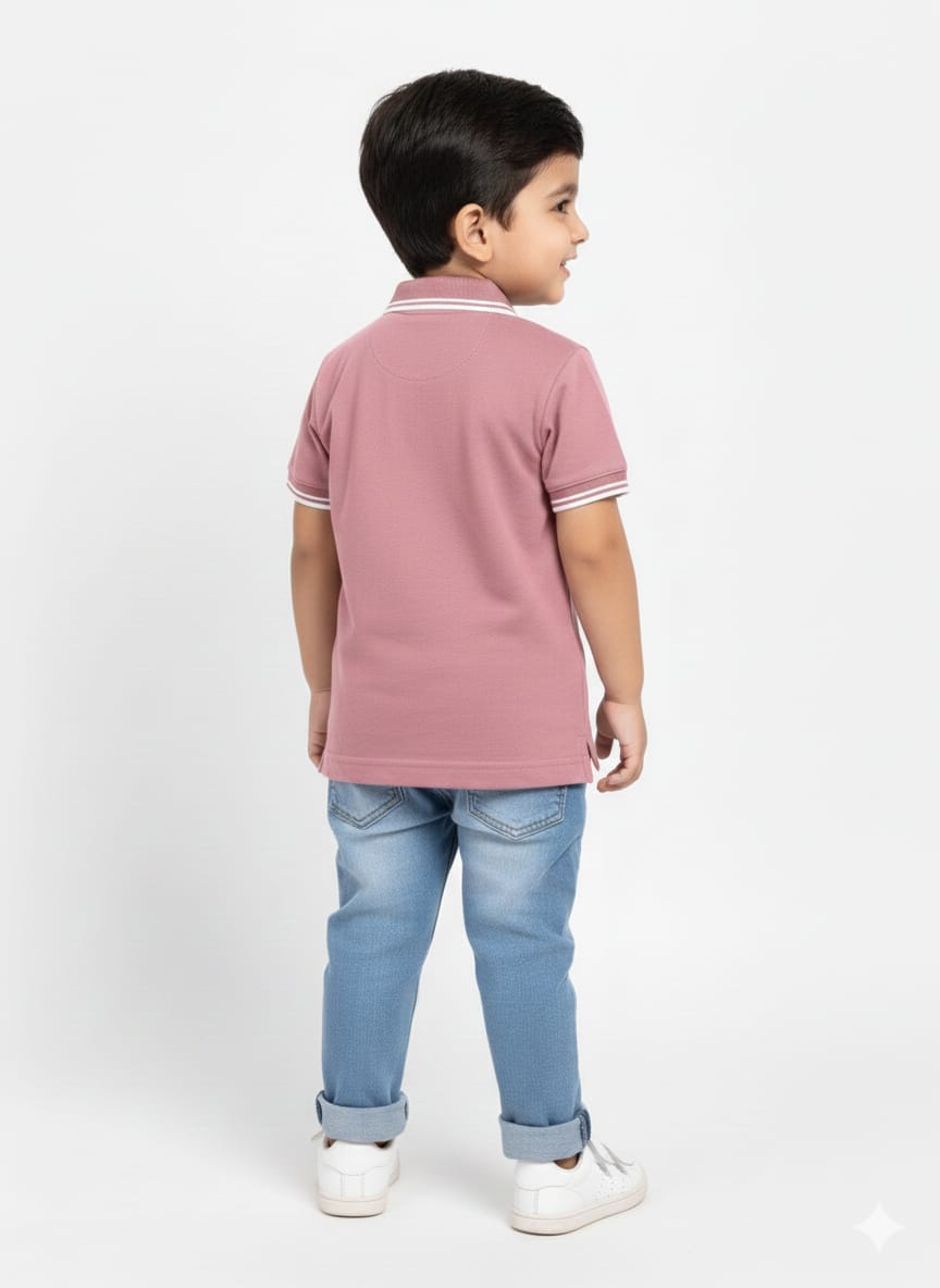 Boys' Dusty Rose Casual Polo Shirt with Striped Collar
