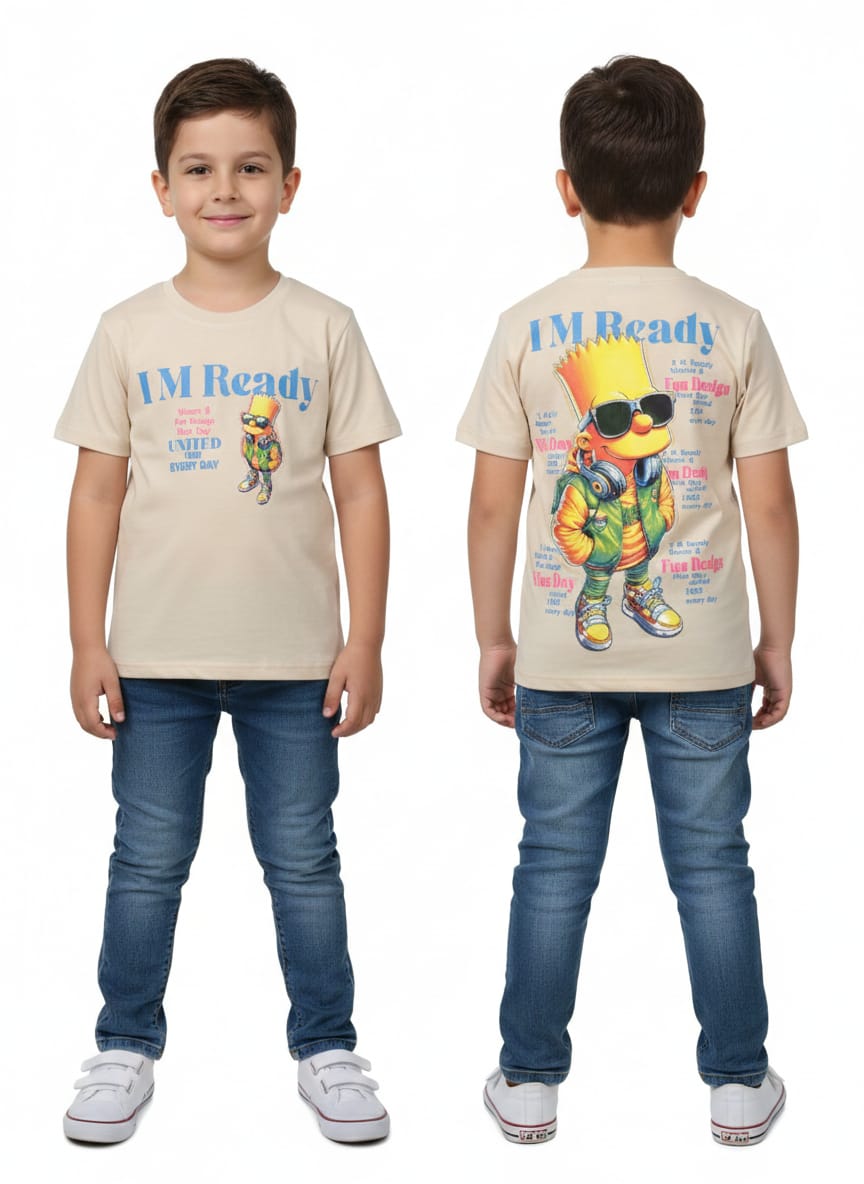 "I'm Ready" Bart Simpson Graphic Tee for Kids – Casual Beige Crewneck