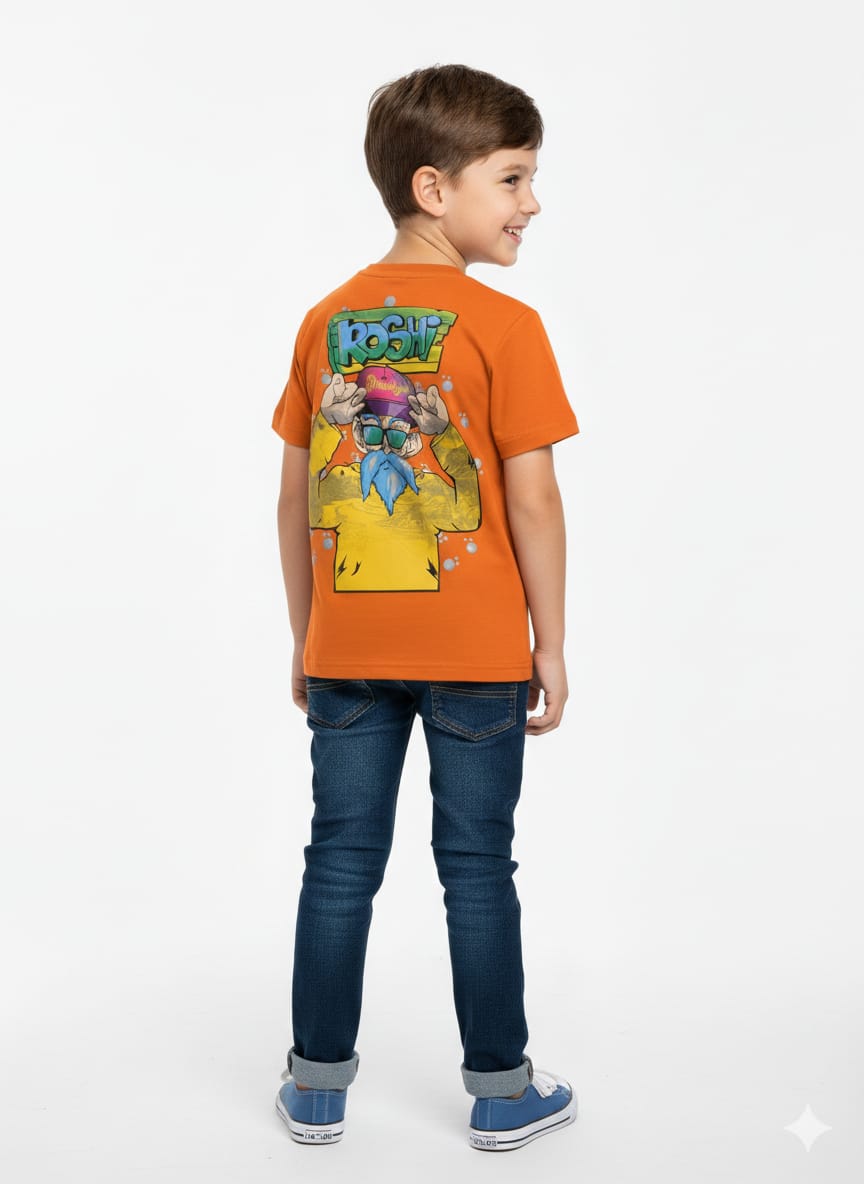 Boys' Vibrant Orange "Roshi Brooklyn" Graphic T-Shirt with Character Illustration