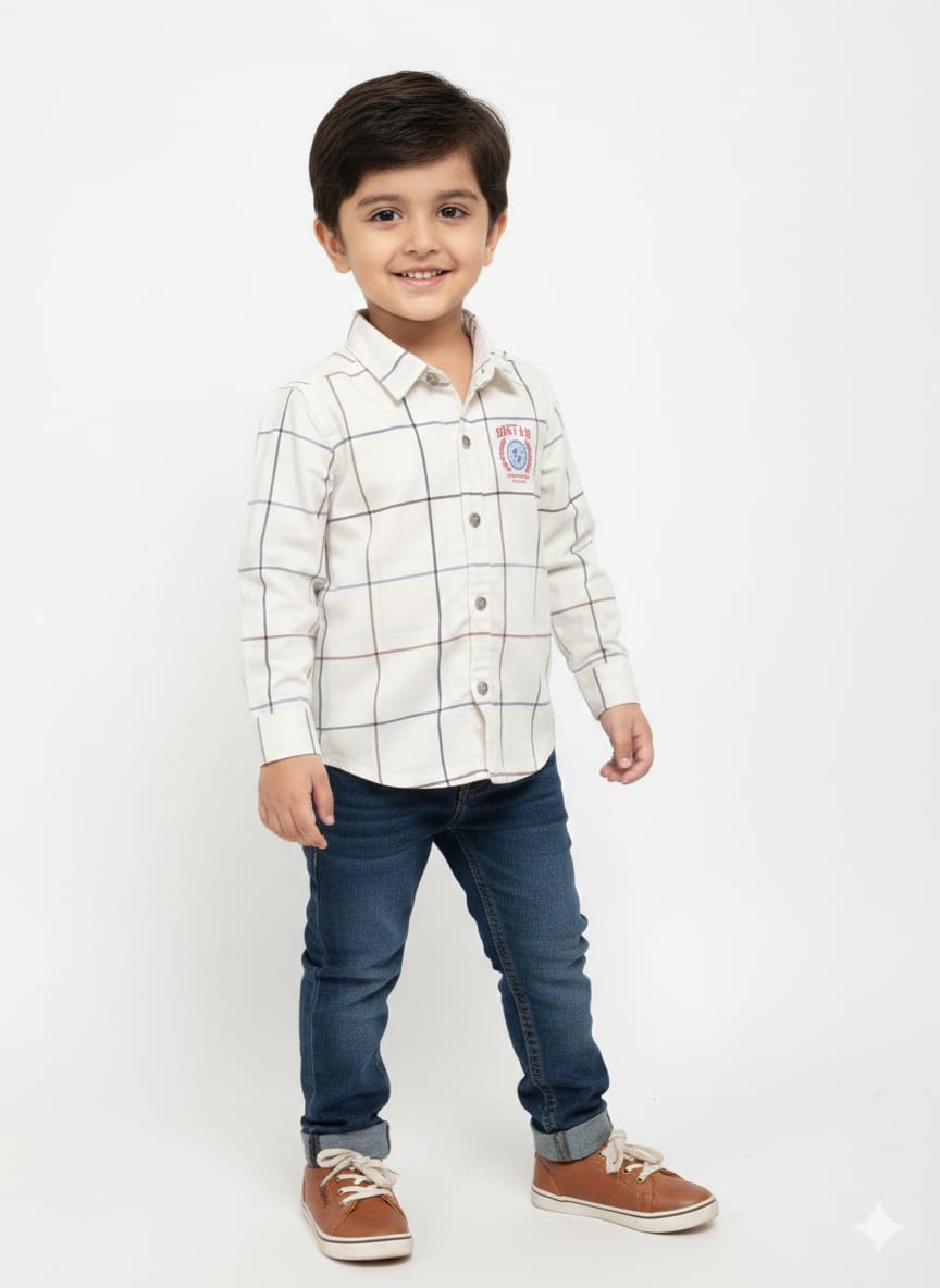 Boys' Off-White Plaid "University Athlete" Long-Sleeve Button-Down Shirt