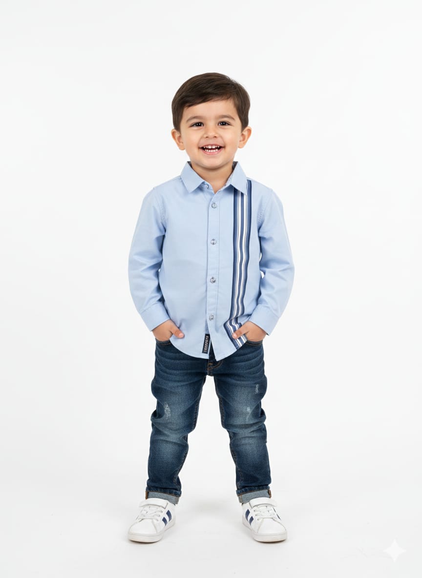 Boys' Sky Blue Long-Sleeve Button-Up with Vertical Racing Stripes
